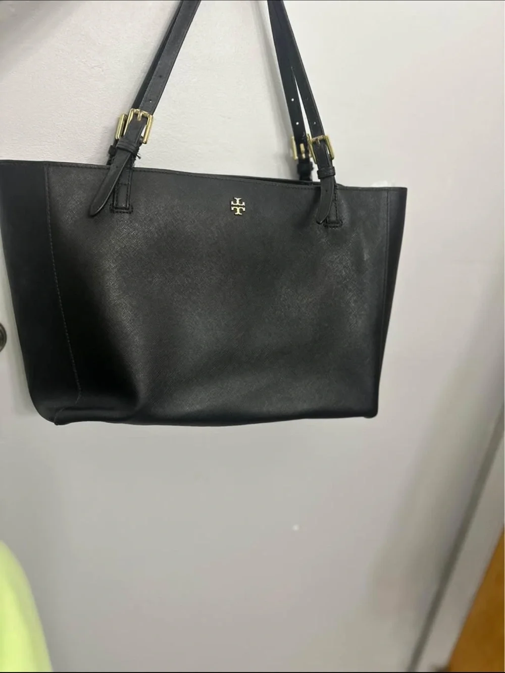 Tory Burch Black Leather Double Strap Shoulder Tote with Gold Logo